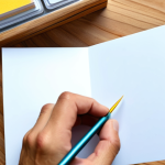 A focused individual with perfect anatomy and correct proportions, fully clothed in modest, professional attire, meticulously creating an intricate pop-up greeting card. Their well-formed hands, with proper finger count, are delicately folding and cutting colorful paper using precise craft tools on a clean, well-lit wooden workbench in a modern, serene craft studio. The scene emphasizes dedication and the joy of handmade creation. Natural body proportions, professional photography, high quality, safe for work, appropriate content, family-friendly.