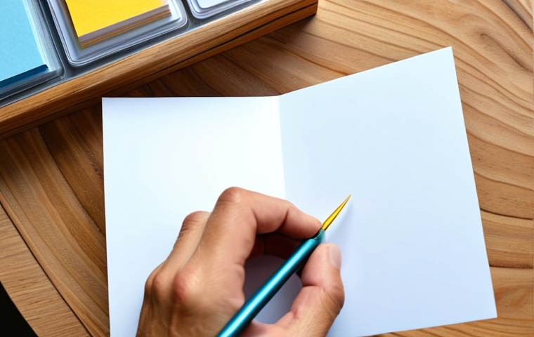 A focused individual with perfect anatomy and correct proportions, fully clothed in modest, professional attire, meticulously creating an intricate pop-up greeting card. Their well-formed hands, with proper finger count, are delicately folding and cutting colorful paper using precise craft tools on a clean, well-lit wooden workbench in a modern, serene craft studio. The scene emphasizes dedication and the joy of handmade creation. Natural body proportions, professional photography, high quality, safe for work, appropriate content, family-friendly.